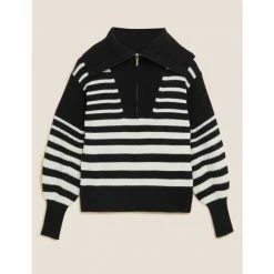 Autograph Striped Zip Up Jumper With Wool Women Blue Mix