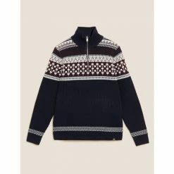M&S Collection Cotton Blend Fair Isle Half Zip Jumper Men Navy Mix