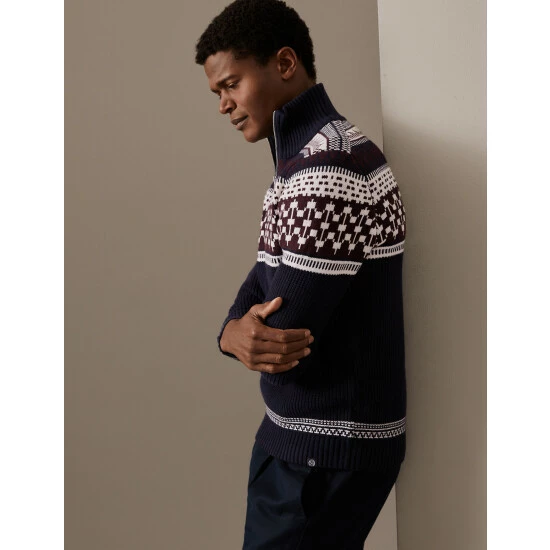 M&S Collection Cotton Blend Fair Isle Half Zip Jumper Men Navy Mix 2 M&S Collection Cotton Blend Fair Isle Half Zip Jumper Men Navy Mix - Image 2