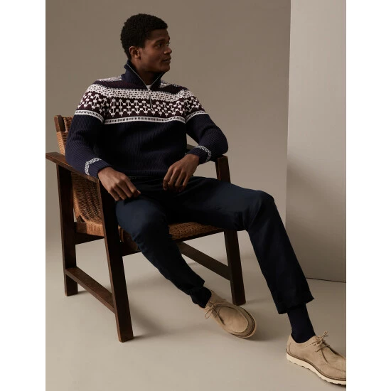 M&S Collection Cotton Blend Fair Isle Half Zip Jumper Men Navy Mix 6 M&S Collection Cotton Blend Fair Isle Half Zip Jumper Men Navy Mix - Image 6