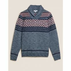 M&S Collection Fair Isle Shawl Collar Jumper Men Grey Mix
