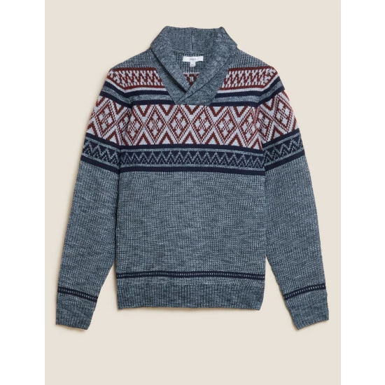 M&S Collection Fair Isle Shawl Collar Jumper Men Grey Mix 1 M&S Collection Fair Isle Shawl Collar Jumper Men Grey Mix