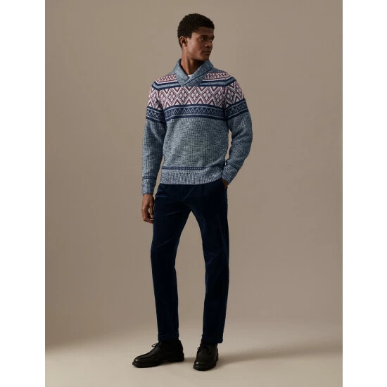 M&S Collection Fair Isle Shawl Collar Jumper Men Grey Mix 2 M&S Collection Fair Isle Shawl Collar Jumper Men Grey Mix - Image 2