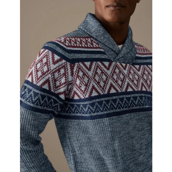 M&S Collection Fair Isle Shawl Collar Jumper Men Grey Mix 4 M&S Collection Fair Isle Shawl Collar Jumper Men Grey Mix - Image 4