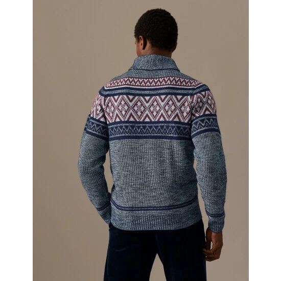 M&S Collection Fair Isle Shawl Collar Jumper Men Grey Mix 5 M&S Collection Fair Isle Shawl Collar Jumper Men Grey Mix - Image 5