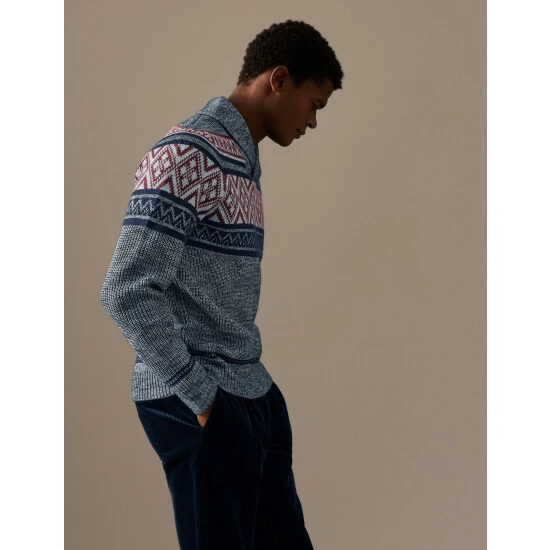M&S Collection Fair Isle Shawl Collar Jumper Men Grey Mix 6 M&S Collection Fair Isle Shawl Collar Jumper Men Grey Mix - Image 6