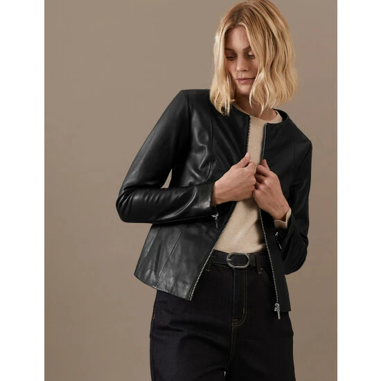 Autograph Leather Collarless Jacket Women Black 2 Autograph Leather Collarless Jacket Women Black - Image 2