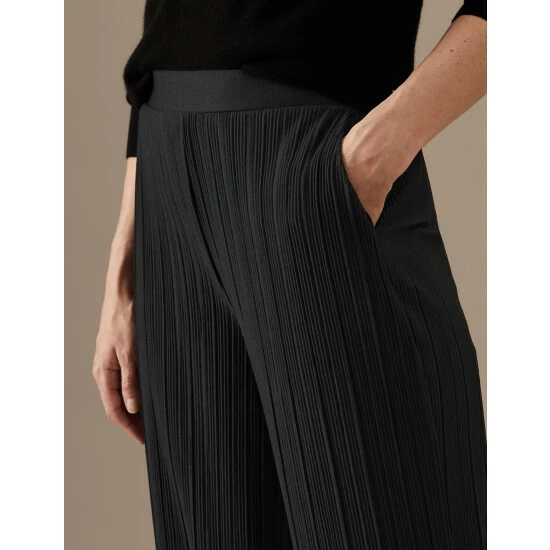 Autograph Plisse Elasticated Waist Wide Leg Trousers Women Black 7 Autograph Plisse Elasticated Waist Wide Leg Trousers Women Black - Image 7
