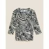 Autograph Animal Print Plisse 3/4 Sleeve Blouse Women Black Mix