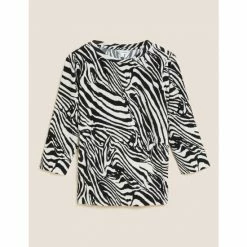 Autograph Animal Print Plisse 3/4 Sleeve Blouse Women Black Mix