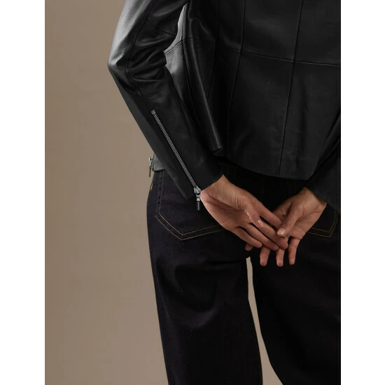 Autograph Leather Collarless Jacket Women Black 5 Autograph Leather Collarless Jacket Women Black - Image 5