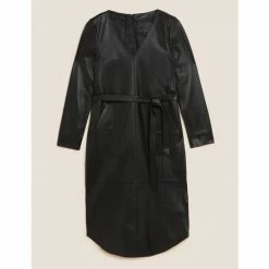 Autograph Leather V-Neck Belted Midi Shift Dress Women Black
