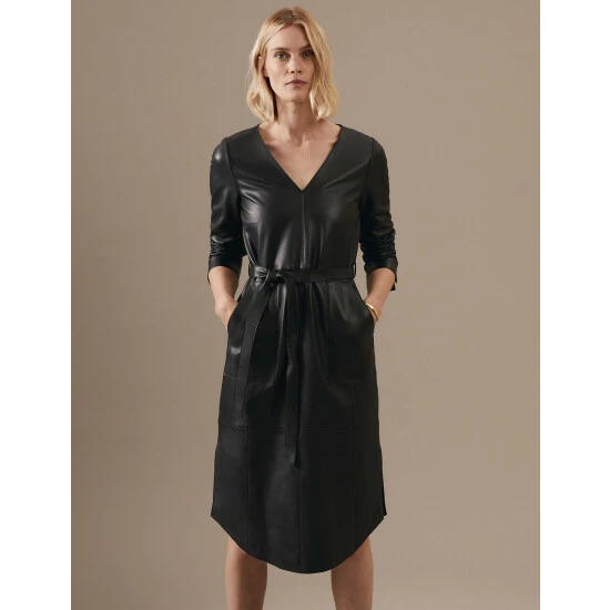 Autograph Leather V-Neck Belted Midi Shift Dress Women Black 3 Autograph Leather V-Neck Belted Midi Shift Dress Women Black - Image 3