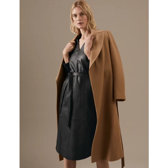 Autograph Leather V-Neck Belted Midi Shift Dress Women Black 4 Autograph Leather V-Neck Belted Midi Shift Dress Women Black - Image 4