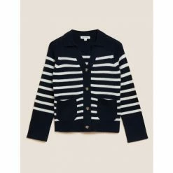Autograph Merino Wool Rich Striped Cardigan Women Navy Mix