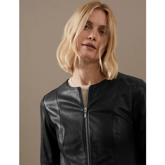 Autograph Leather Collarless Jacket Women Black 7 Autograph Leather Collarless Jacket Women Black - Image 7