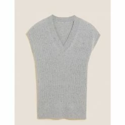 Autograph Pure Cashmere Ribbed V-Neck Knitted Vest Women Grey Mix