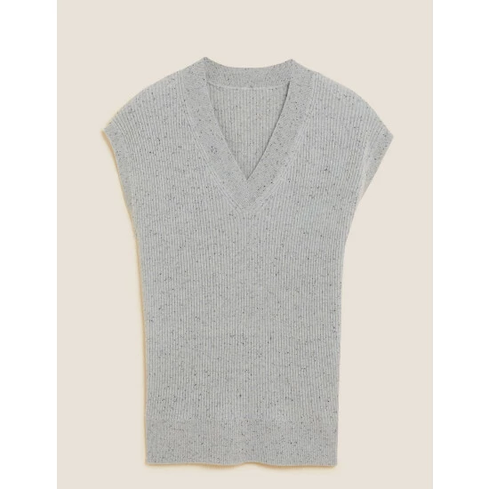 Autograph Pure Cashmere Ribbed V-Neck Knitted Vest Women Grey Mix 1 Autograph Pure Cashmere Ribbed V-Neck Knitted Vest Women Grey Mix
