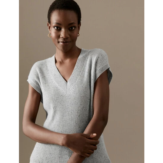 Autograph Pure Cashmere Ribbed V-Neck Knitted Vest Women Grey Mix 4 Autograph Pure Cashmere Ribbed V-Neck Knitted Vest Women Grey Mix - Image 4