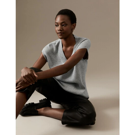 Autograph Pure Cashmere Ribbed V-Neck Knitted Vest Women Grey Mix 7 Autograph Pure Cashmere Ribbed V-Neck Knitted Vest Women Grey Mix - Image 7