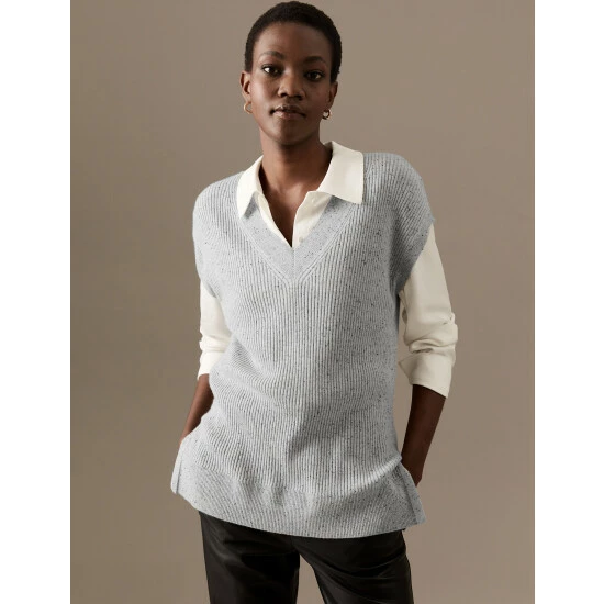 Autograph Pure Cashmere Ribbed V-Neck Knitted Vest Women Grey Mix 9 Autograph Pure Cashmere Ribbed V-Neck Knitted Vest Women Grey Mix - Image 9