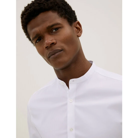 Autograph Slim Fit Cotton Stretch Grandad Collar Shirt Men White 4 Autograph Slim Fit Cotton Stretch Grandad Collar Shirt Men White - Image 4