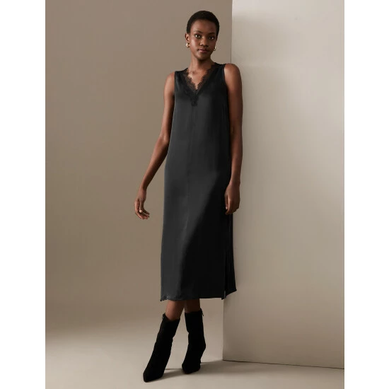 Autograph Pure Silk V-Neck Midaxi Slip Dress Women Black 3 Autograph Pure Silk V-Neck Midaxi Slip Dress Women Black - Image 3