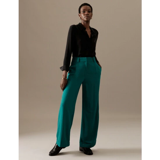 Autograph Pleat Front Wide Leg Trousers With Wool Women Teal Green 3 Autograph Pleat Front Wide Leg Trousers With Wool Women Teal Green - Image 3
