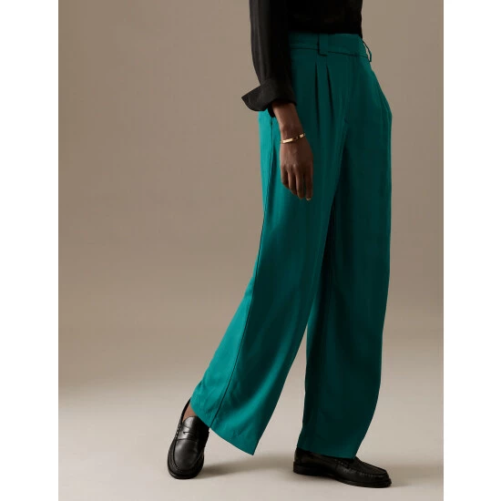 Autograph Pleat Front Wide Leg Trousers With Wool Women Teal Green 4 Autograph Pleat Front Wide Leg Trousers With Wool Women Teal Green - Image 4