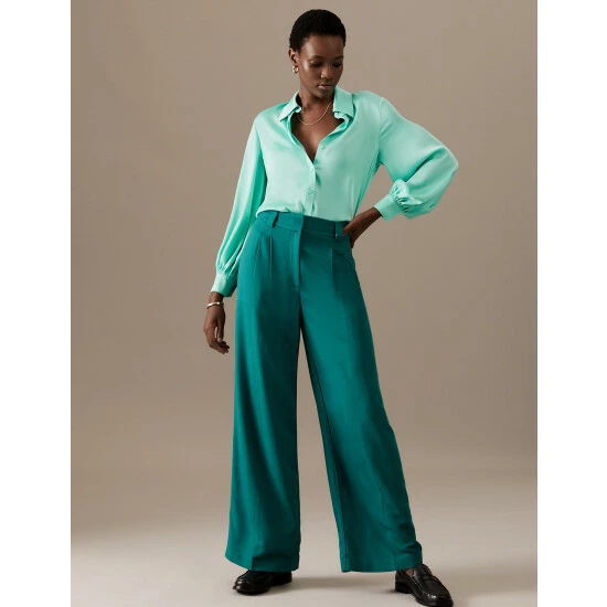 Autograph Pleat Front Wide Leg Trousers With Wool Women Teal Green 6 Autograph Pleat Front Wide Leg Trousers With Wool Women Teal Green - Image 6
