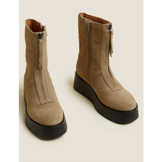 Autograph Suede Front Zip Chunky Flatform Ankle Boots Women Medium Brown 1 Autograph Suede Front Zip Chunky Flatform Ankle Boots Women Medium Brown