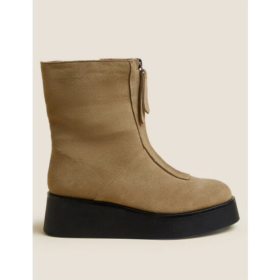 Autograph Suede Front Zip Chunky Flatform Ankle Boots Women Medium Brown 3 Autograph Suede Front Zip Chunky Flatform Ankle Boots Women Medium Brown - Image 3