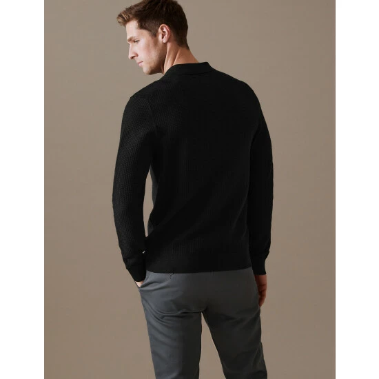 Autograph Cotton Rich Textured Knitted Polo Shirt Men Dark Navy 4 Autograph Cotton Rich Textured Knitted Polo Shirt Men Dark Navy - Image 4