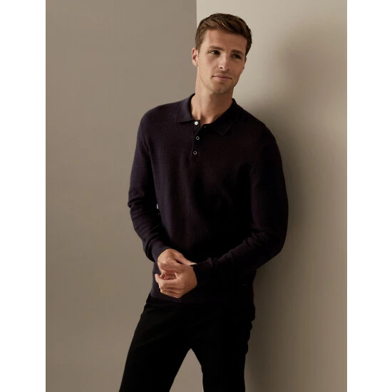 Autograph Cotton Rich Textured Knitted Polo Shirt Men Dark Navy 6 Autograph Cotton Rich Textured Knitted Polo Shirt Men Dark Navy - Image 6