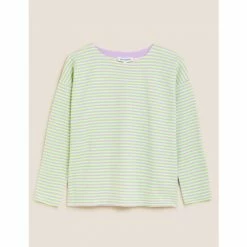 Autograph Cotton Rich Striped Round Neck Top Women Lilac Mix
