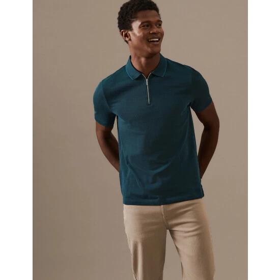 Autograph Pure Cotton Half Zip Polo Shirt Men Natural Mix 2 Autograph Pure Cotton Half Zip Polo Shirt Men Natural Mix - Image 2