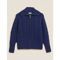 Autograph Wool Rich Cable Knit Collared Cardigan Women Ivory