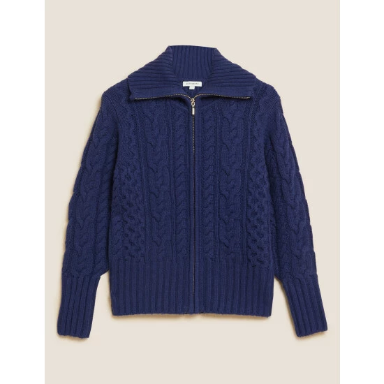 Autograph Wool Rich Cable Knit Collared Cardigan Women Ivory 1 Autograph Wool Rich Cable Knit Collared Cardigan Women Ivory