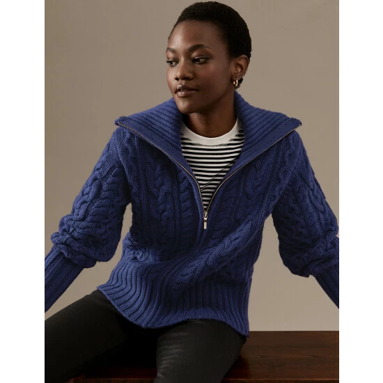 Autograph Wool Rich Cable Knit Collared Cardigan Women Ivory 2 Autograph Wool Rich Cable Knit Collared Cardigan Women Ivory - Image 2