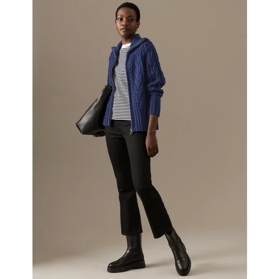 Autograph Wool Rich Cable Knit Collared Cardigan Women Ivory 3 Autograph Wool Rich Cable Knit Collared Cardigan Women Ivory - Image 3