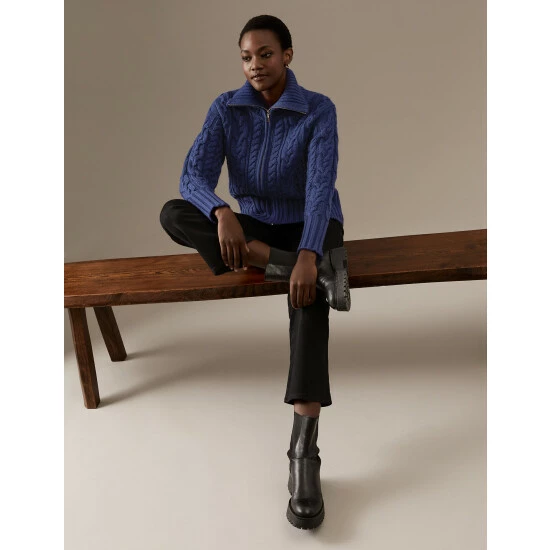 Autograph Wool Rich Cable Knit Collared Cardigan Women Ivory 4 Autograph Wool Rich Cable Knit Collared Cardigan Women Ivory - Image 4