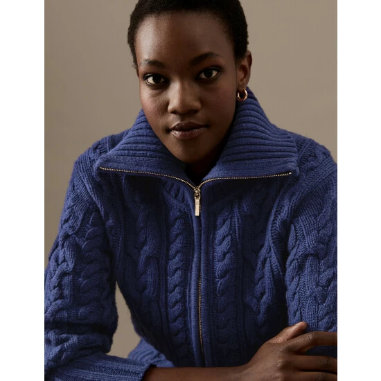 Autograph Wool Rich Cable Knit Collared Cardigan Women Ivory 6 Autograph Wool Rich Cable Knit Collared Cardigan Women Ivory - Image 6