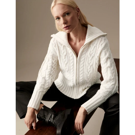 Autograph Wool Rich Cable Knit Collared Cardigan Women Ivory 9 Autograph Wool Rich Cable Knit Collared Cardigan Women Ivory - Image 9